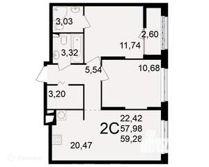 2-к квартира, вторичка, 59м2, 2/11 этаж