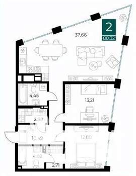 2-к квартира, вторичка, 88м2, 3/13 этаж