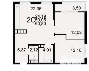 2-к квартира, вторичка, 59м2, 11/21 этаж