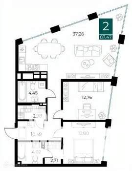 2-к квартира, вторичка, 87м2, 13/14 этаж