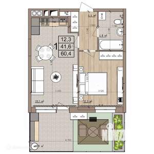 1-к квартира, вторичка, 60м2, 1/9 этаж