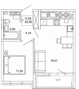 1-к квартира, вторичка, 42м2, 5/26 этаж
