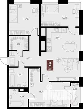 3-к квартира, вторичка, 95м2, 7/15 этаж