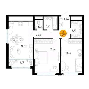 2-к квартира, вторичка, 67м2, 6/25 этаж