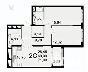 2-к квартира, вторичка, 71м2, 17/26 этаж