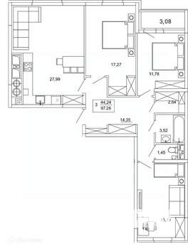 3-к квартира, вторичка, 97м2, 4/26 этаж