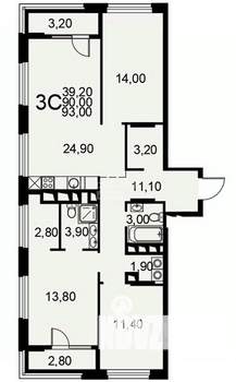 3-к квартира, вторичка, 93м2, 18/24 этаж