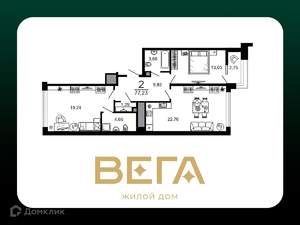 2-к квартира, вторичка, 77м2, 3/20 этаж