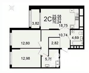 2-к квартира, вторичка, 70м2, 24/26 этаж