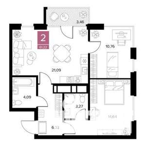 2-к квартира, строящийся дом, 61м2, 3/9 этаж
