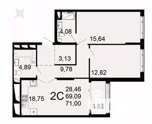 2-к квартира, вторичка, 71м2, 12/26 этаж