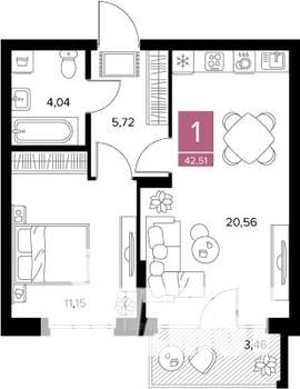 1-к квартира, вторичка, 43м2, 6/9 этаж