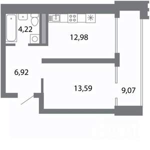 1-к квартира, строящийся дом, 42м2, 2/5 этаж
