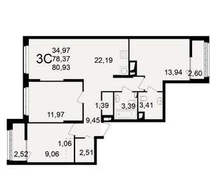 3-к квартира, вторичка, 78м2, 9/25 этаж