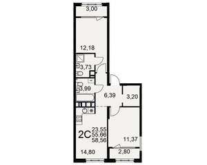 2-к квартира, вторичка, 56м2, 10/22 этаж