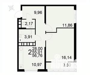 2-к квартира, вторичка, 57м2, 5/22 этаж
