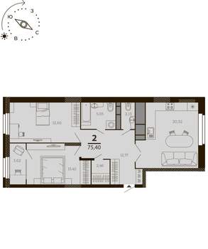 2-к квартира, вторичка, 75м2, 5/7 этаж