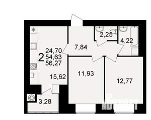 2-к квартира, вторичка, 55м2, 1/15 этаж
