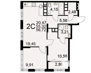 2-к квартира, вторичка, 55м2, 15/22 этаж