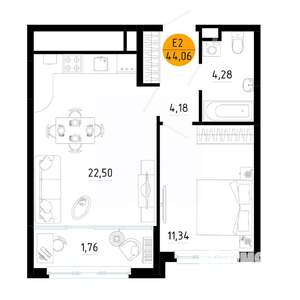 1-к квартира, вторичка, 44м2, 7/25 этаж