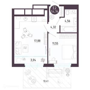 1-к квартира, вторичка, 54м2, 1/19 этаж