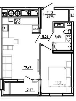 1-к квартира, вторичка, 42м2, 1/26 этаж
