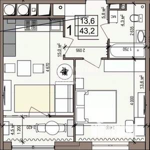 1-к квартира, вторичка, 43м2, 15/21 этаж