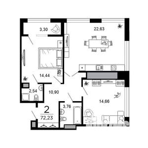 2-к квартира, вторичка, 72м2, 8/19 этаж