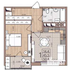 1-к квартира, строящийся дом, 50м2, 6/8 этаж