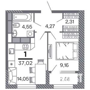1-к квартира, строящийся дом, 37м2, 9/25 этаж