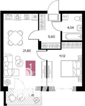 1-к квартира, вторичка, 44м2, 6/9 этаж