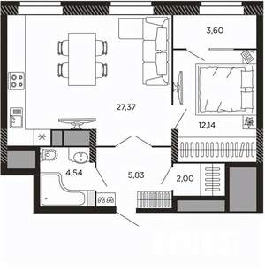 1-к квартира, вторичка, 55м2, 2/8 этаж