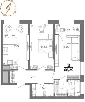 2-к квартира, вторичка, 68м2, 19/22 этаж