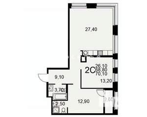 2-к квартира, вторичка, 70м2, 6/25 этаж