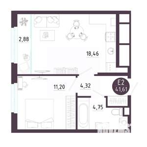 1-к квартира, вторичка, 42м2, 5/18 этаж