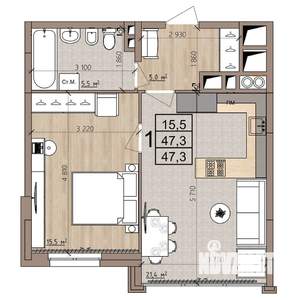 1-к квартира, строящийся дом, 47м2, 3/8 этаж