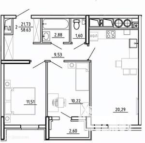 2-к квартира, вторичка, 59м2, 2/26 этаж