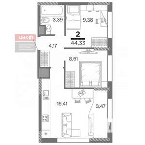 2-к квартира, вторичка, 44м2, 15/16 этаж