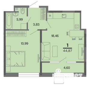 1-к квартира, вторичка, 45м2, 4/22 этаж