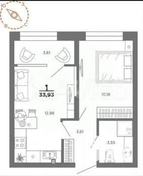 1-к квартира, вторичка, 34м2, 11/22 этаж