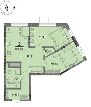 2-к квартира, вторичка, 53м2, 2/22 этаж