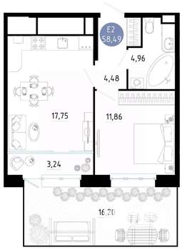 1-к квартира, вторичка, 58м2, 1/25 этаж