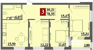 3-к квартира, строящийся дом, 79м2, 7/15 этаж