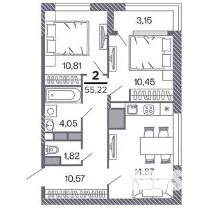 2-к квартира, строящийся дом, 55м2, 15/25 этаж