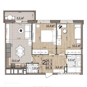 2-к квартира, вторичка, 66м2, 25/26 этаж