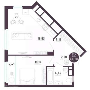 1-к квартира, вторичка, 44м2, 6/19 этаж