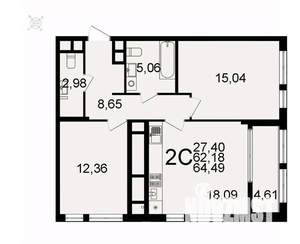 2-к квартира, вторичка, 64м2, 4/26 этаж