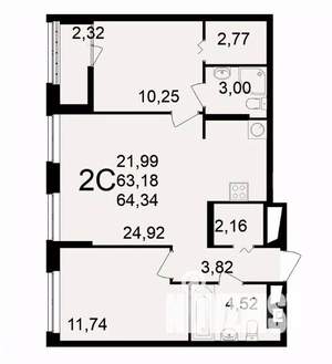 2-к квартира, вторичка, 64м2, 10/11 этаж