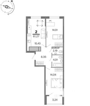 2-к квартира, строящийся дом, 61м2, 14/15 этаж