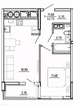 1-к квартира, вторичка, 43м2, 12/26 этаж